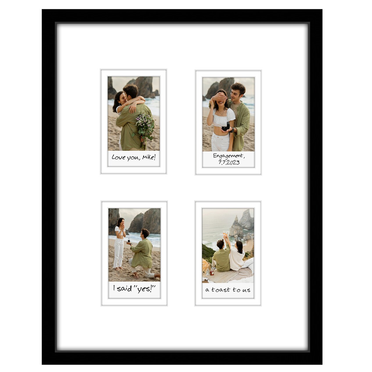 Americanflat 9x11 Mini Instant Photo Collage Picture Frame with 4 Openings for 2.1x3.4 Photos - Double White Mat - Instax Mini Photo Frame - Shatter Resistant Glass - Hanging Hardware with Easel - Black